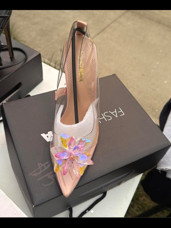 Fashion Nova Shoes - Fashion Nova Pink Pointed Clear Pump with Iridescent Flower Accent